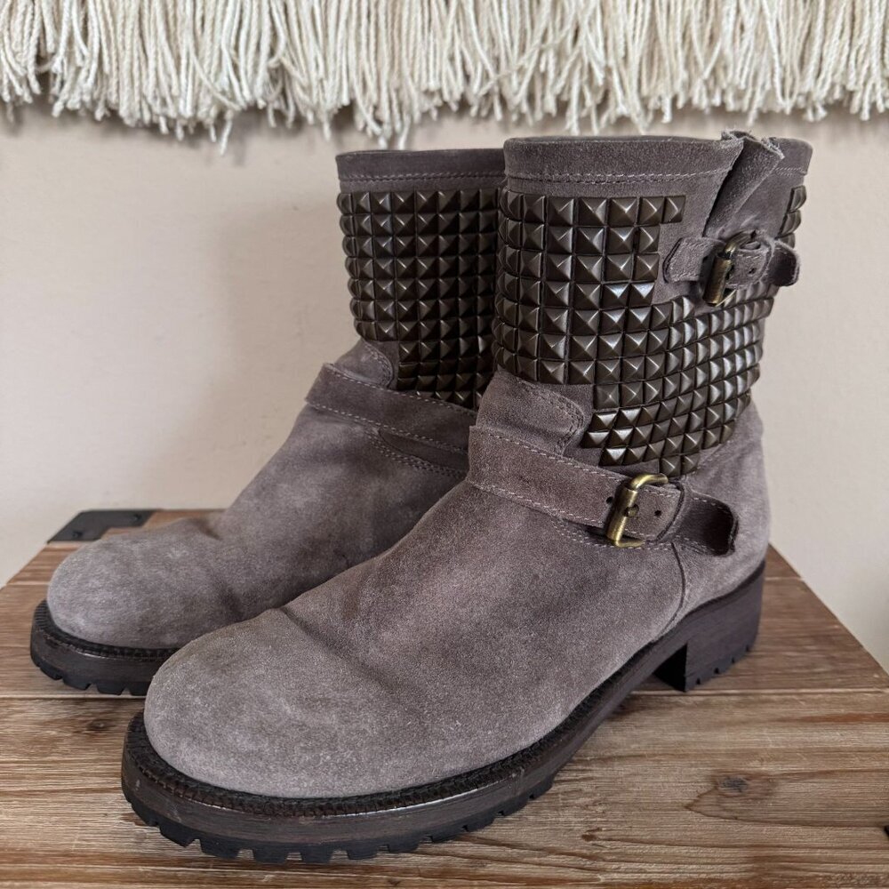 Nursace Taupe Suede Leather Brass Pyramid Studded Short Moto Boots Size 39